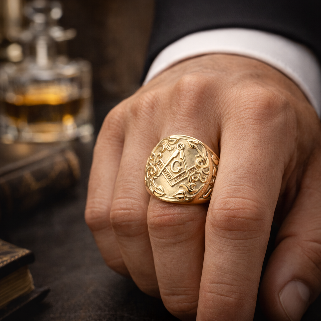 14K Gold Masonic Signet Ring | Solid Gold Square & Compasses Ring