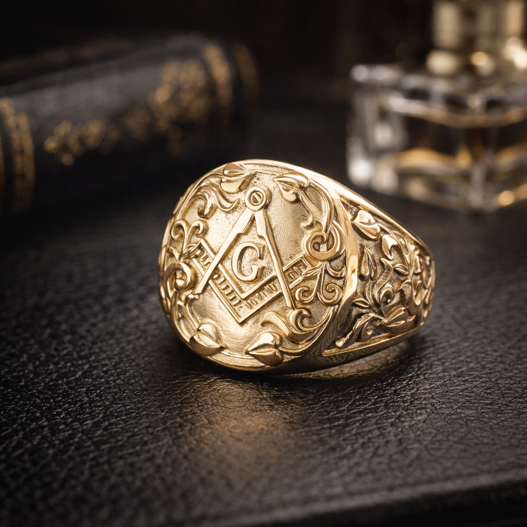 14K Gold Masonic Signet Ring | Solid Gold Square & Compasses Ring