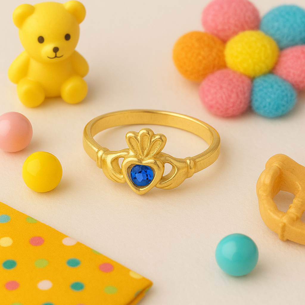 Kids Gold Claddagh 10K Ring with Blue Gem
