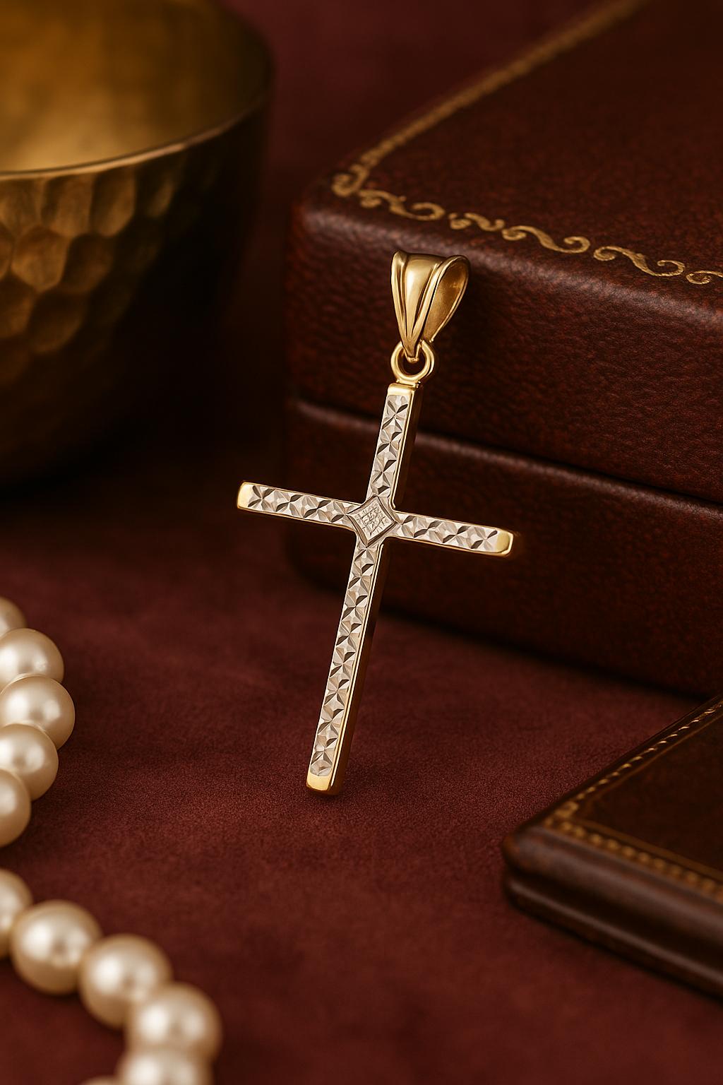 10kt Radiant Faith Two-Tone Diamond-Cut Cross Pendant