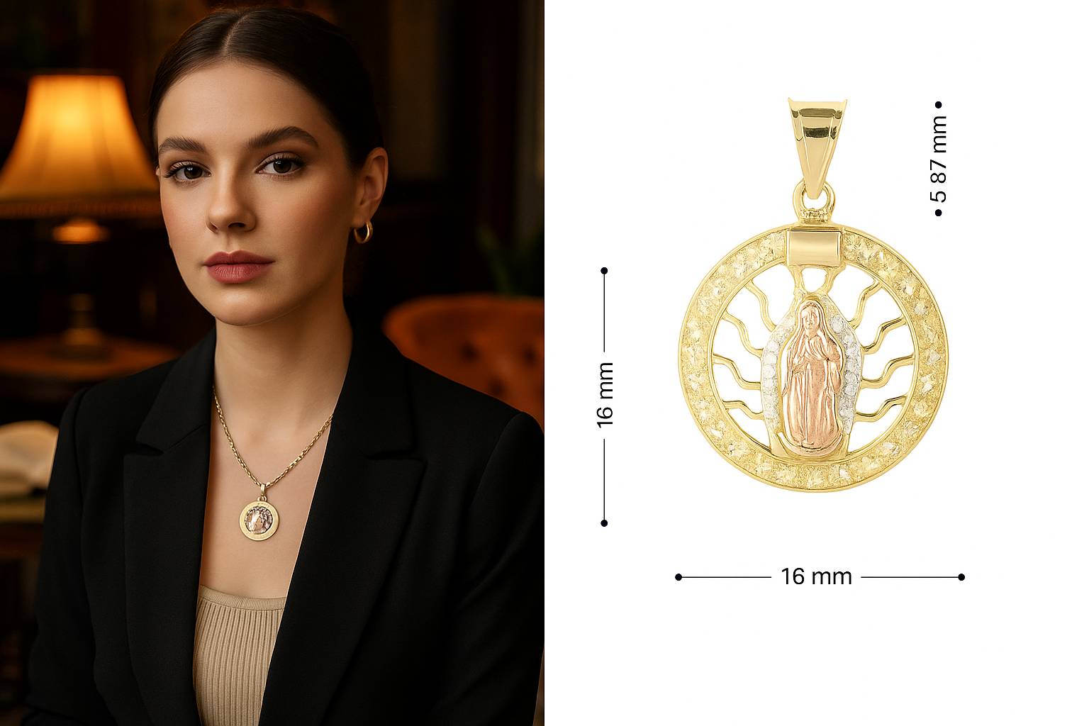 Tri-Color Virgin Mary Pendant in 10K Gold