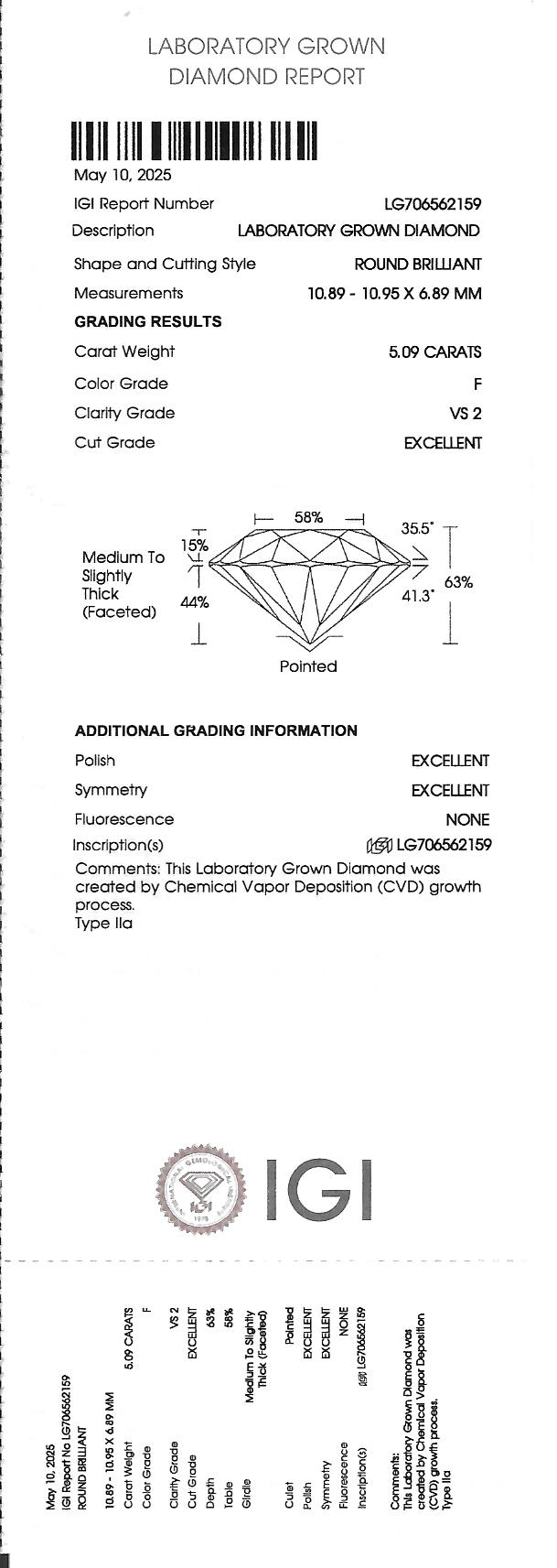 Custom Cast Platinum Halo Engagement Ring — 5.09ct IGI Round