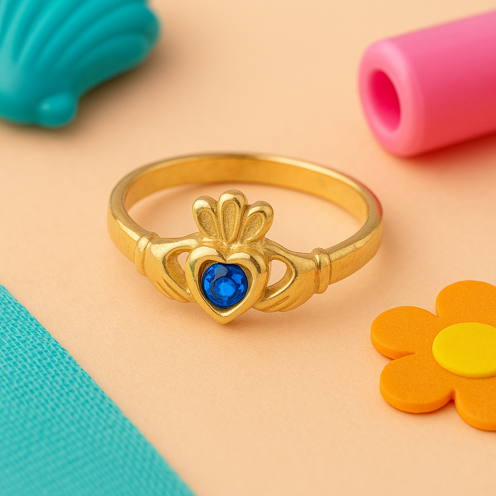 Kids Gold Claddagh 10K Ring with Blue Gem