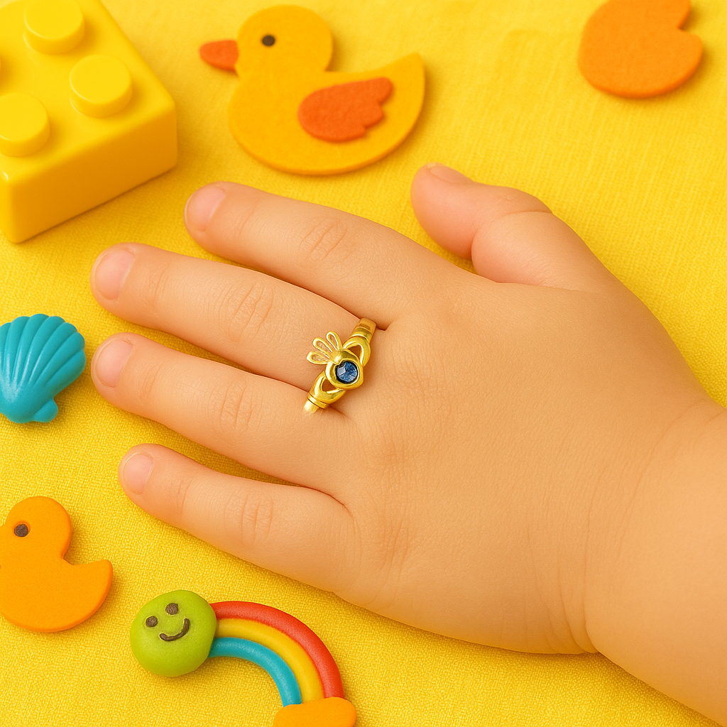Kids Gold Claddagh 10K Ring with Blue Gem